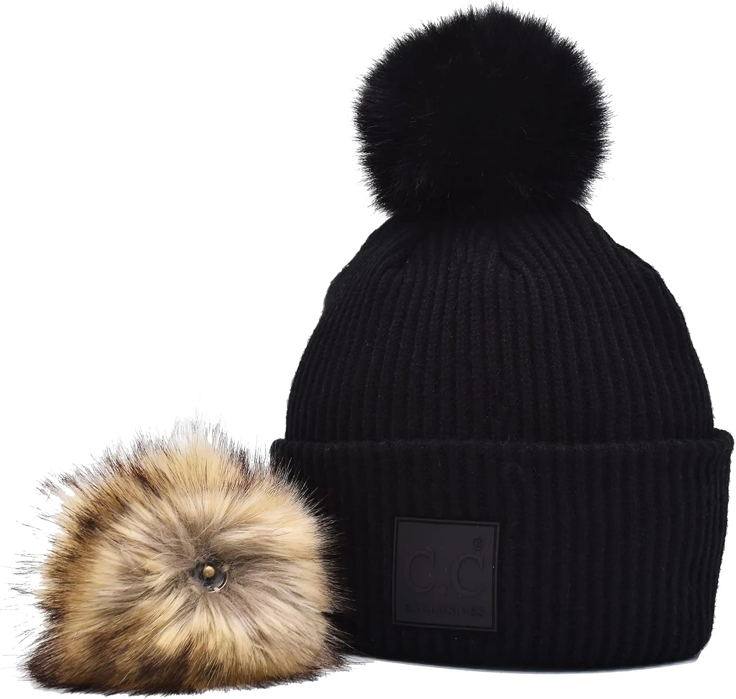 Natural Pom Cuffed spectrum dispatch Winter Knit Watch Hat Skull Cap C.C Beanie Comfortable Interchangeable Matching Pom and 