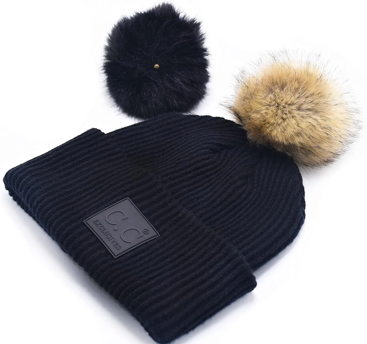 Natural Pom Cuffed spectrum dispatch Winter Knit Watch Hat Skull Cap C.C Beanie Comfortable Interchangeable Matching Pom and 