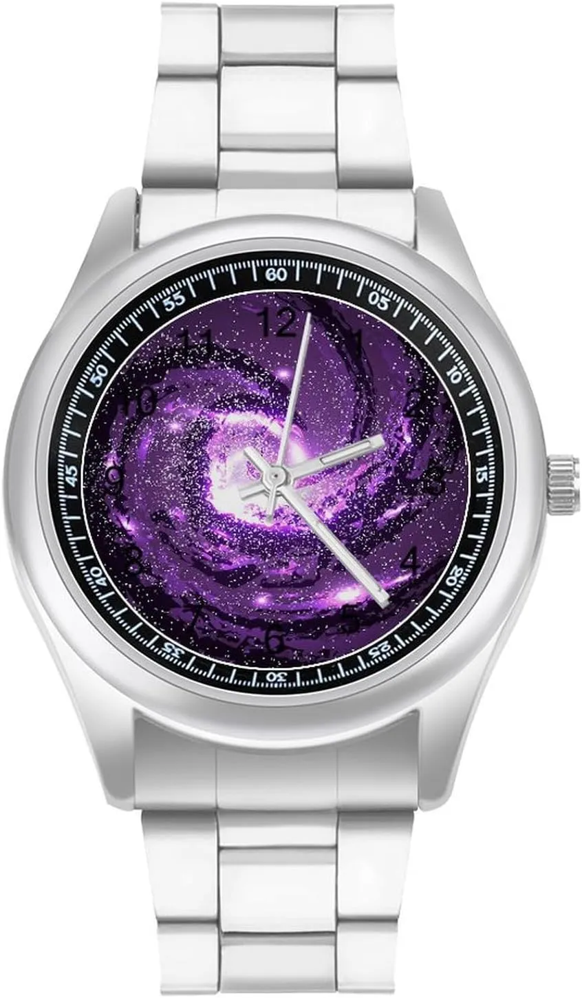 Nebulae chug drench Cosmos Wrist Watches for Men Metal Band Watch Fashion Three-Hand Watch Gift for Boyfriend Father Purple Galaxies 