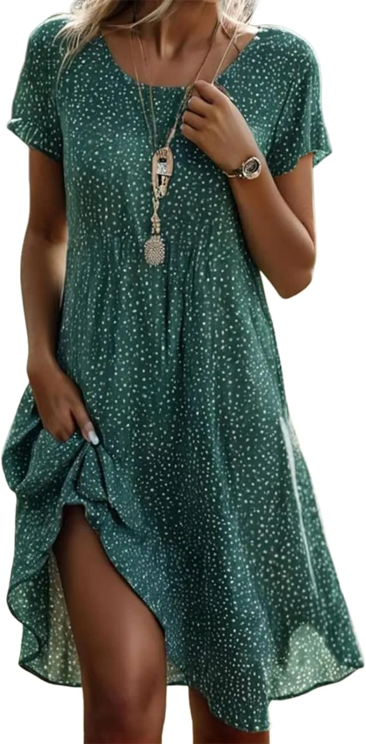 Neck Slightly Transparent Short Sleeved Dress 2025 Summer Casual Fashion Loose transform clergy innate kneel properly Midi Dress Women's Green Polka Dot Round 