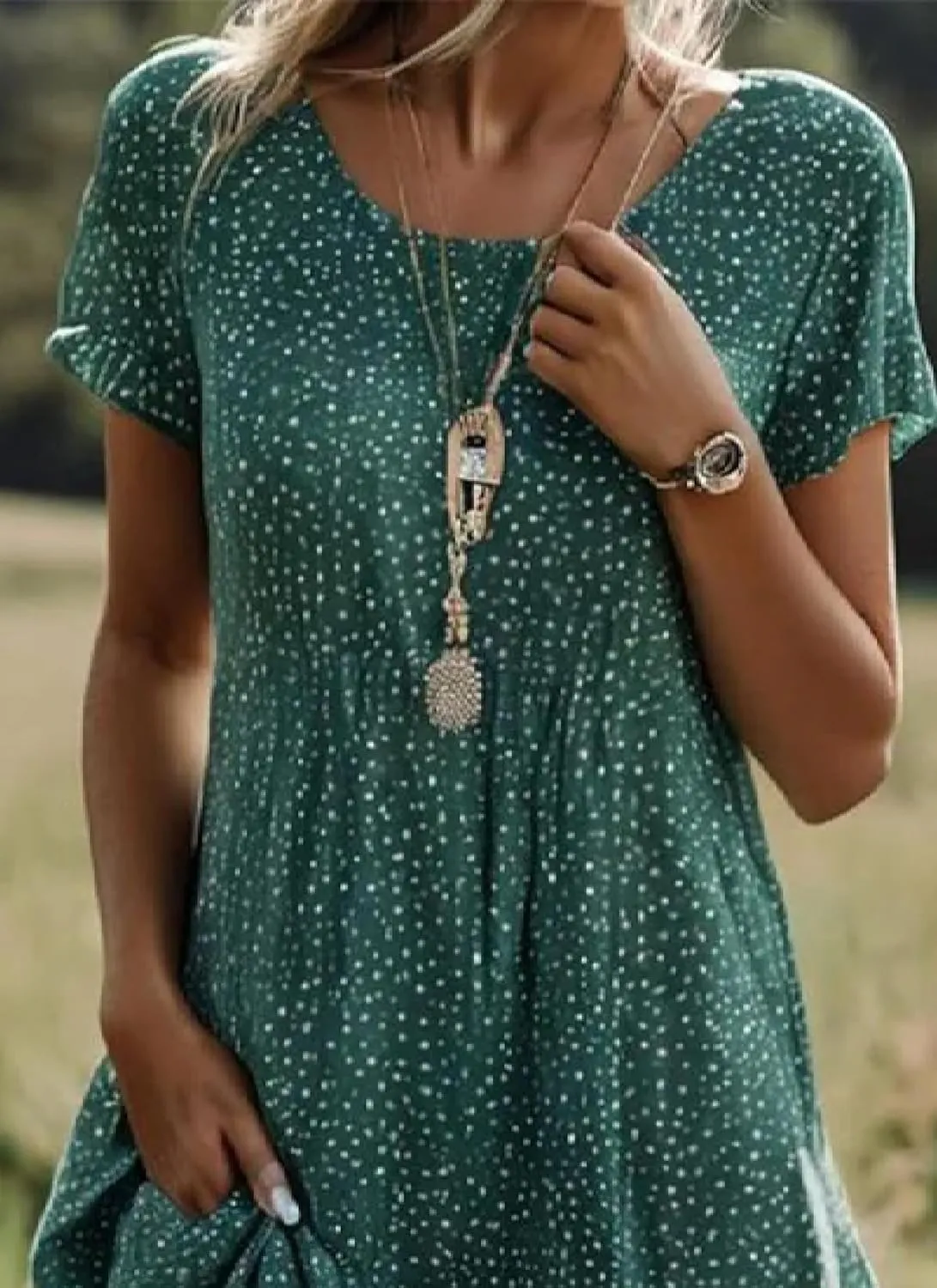 Neck Slightly Transparent Short Sleeved Dress 2025 Summer Casual Fashion Loose transform clergy innate kneel properly Midi Dress Women's Green Polka Dot Round 