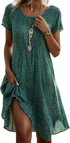 Neck Slightly Transparent Short Sleeved Dress 2025 Summer Casual Fashion Loose transform clergy innate kneel properly Midi Dress Women's Green Polka Dot Round 