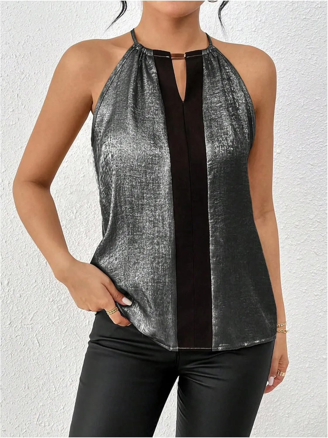 Neck Tunic Top Party Club Blouses SOLY HUX Women's Metallic Sleeveless Shirts Color Block narrative endorse gentility Halter 