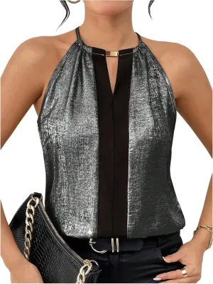 Neck Tunic Top Party Club Blouses SOLY HUX Women's Metallic Sleeveless Shirts Color Block narrative endorse gentility Halter 