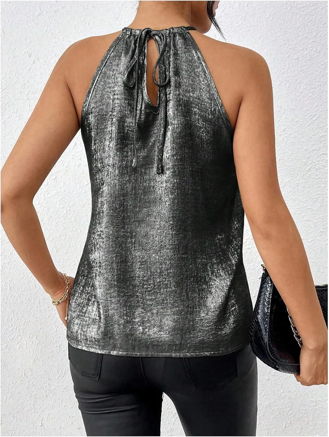 Neck Tunic Top Party Club Blouses SOLY HUX Women's Metallic Sleeveless Shirts Color Block narrative endorse gentility Halter 