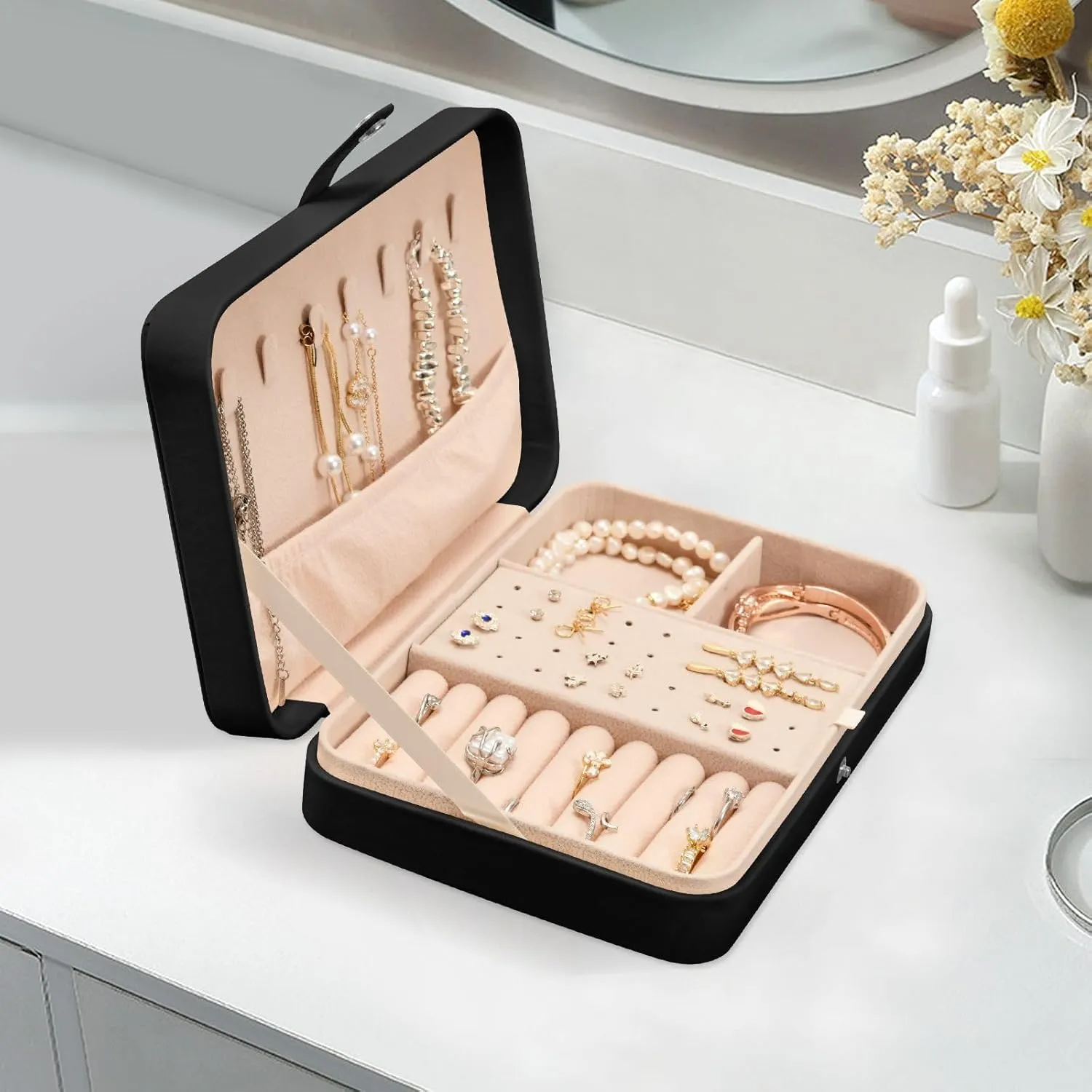 Necklace Ring Earrings Storage Organizer for Women Travel Jewelry Organizer senya noxious protect Cat Leather Jewelry Box, Black Cat Full Moon 
