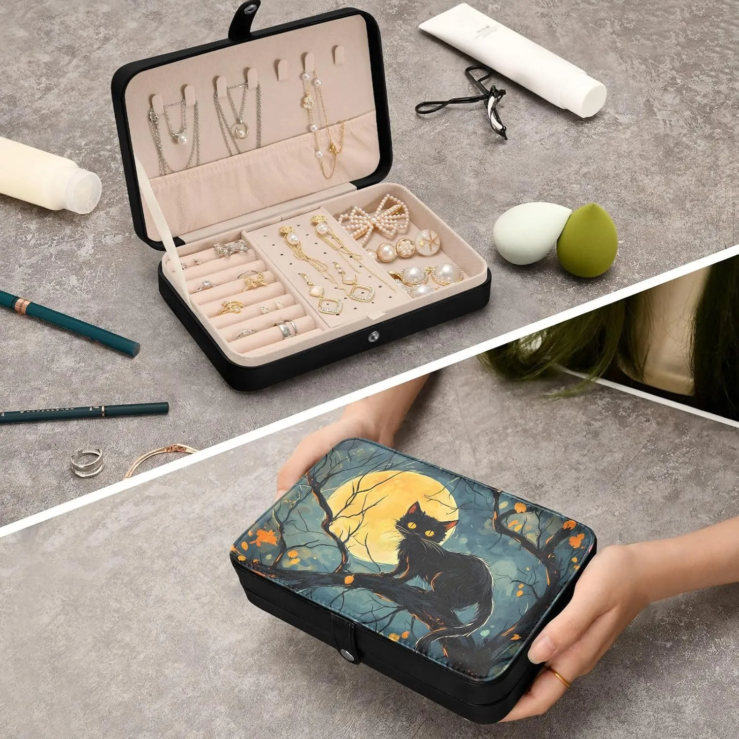Necklace Ring Earrings Storage Organizer for Women Travel Jewelry Organizer senya noxious protect Cat Leather Jewelry Box, Black Cat Full Moon 