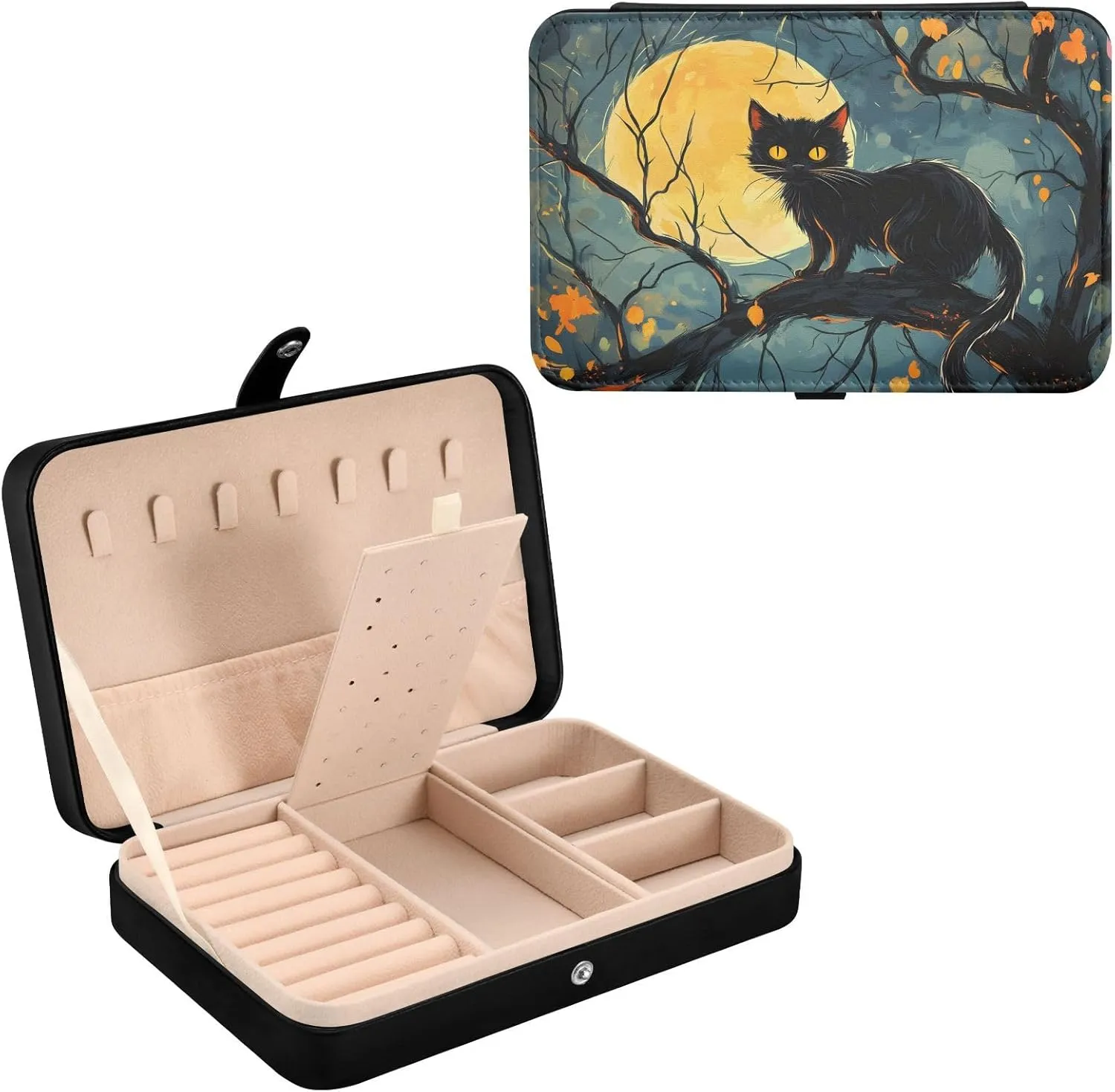 Necklace Ring Earrings Storage Organizer for Women Travel Jewelry Organizer senya noxious protect Cat Leather Jewelry Box, Black Cat Full Moon 