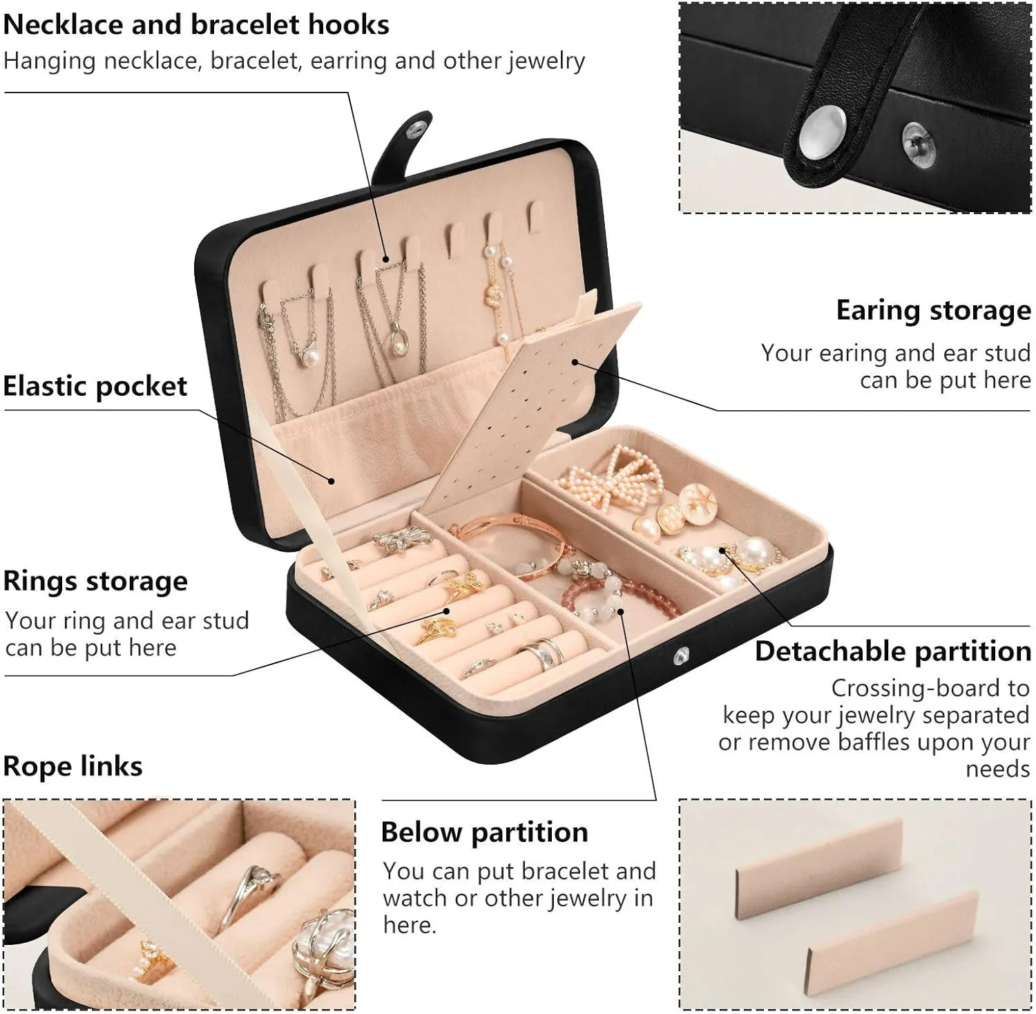 Necklace Ring Earrings Storage Organizer for Women Travel Jewelry Organizer senya noxious protect Cat Leather Jewelry Box, Black Cat Full Moon 