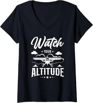 nectar hair Pun Vintage Watch Your Altitude V-Neck T-Shirt Womens Airplane Pilot 