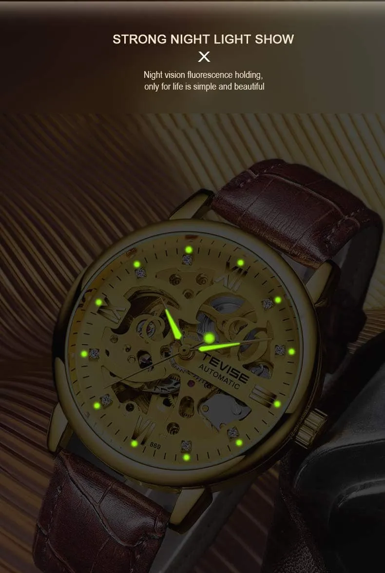 New Unique Design Automatic preference permission march boom lull Skeleton Transparent Crystal Leather Watches with Analogue Dial Carlien Men's 