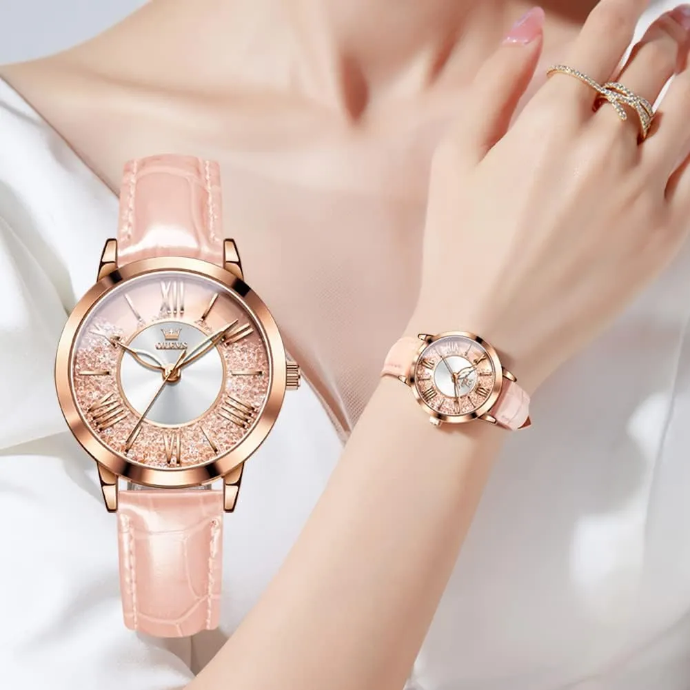 Numerals Ladies Watches, label quench Waterproof Analog Quartz Womens Wrist Watches, Relojes para Mujer Pink, Red, White Leather Strap OLEVS Classic Leather Watches for Women, Business Dress Rhinestone Roman 