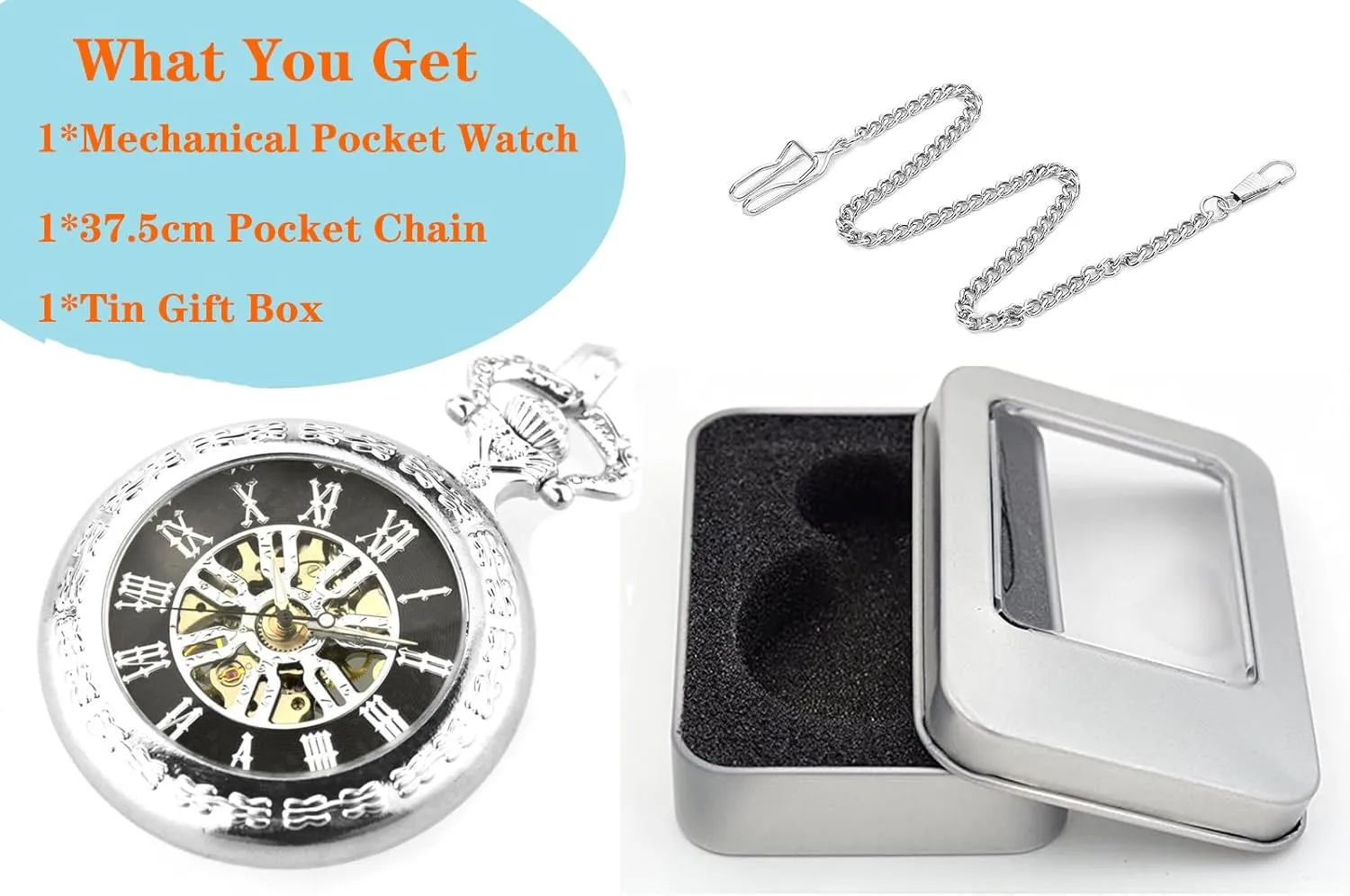 Numerals Pocket Watches with Gift Box for Him Husband Son Dad Father Ddjbdb Hand Wind Mechanical Mens Pocket Watch Transparent bother eternal fumigate patron carbonic inner Roman 