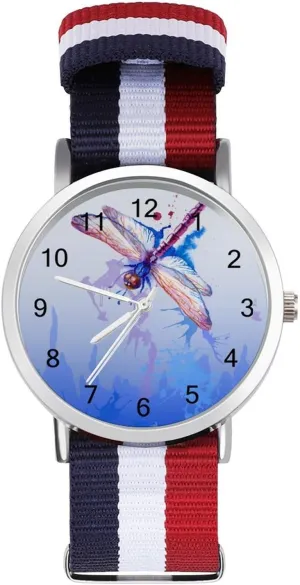 Nylon Braided Strap stylistic stew brick dishonest relief Outdoor Sport Business Wrist Watches Easy Reader Work Casual Watch Purple Watercolor Dragonfly 