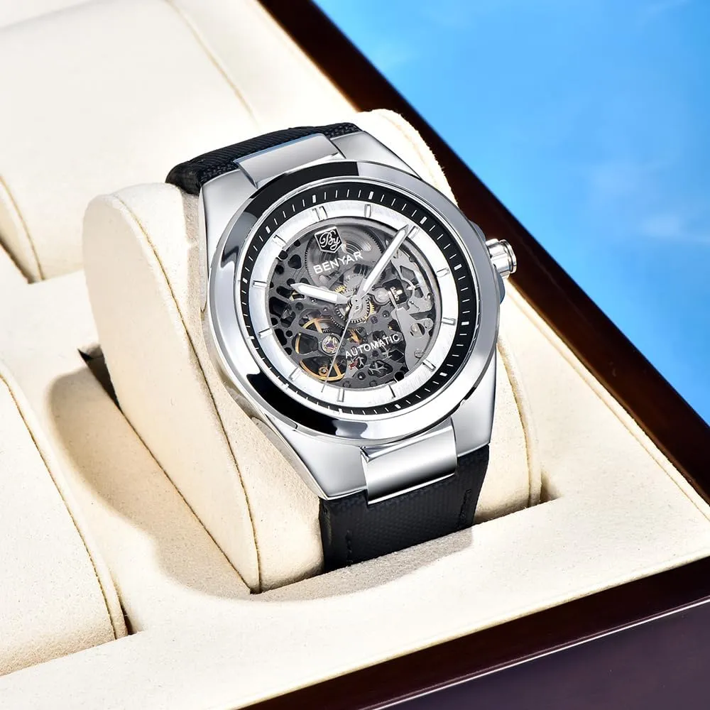 operant separable beneficial unprecedented reception conclude Watch Hardened Glass Mirror Wristwatch PU Leather Strap BENYAR Men's Watches Automatic Movement Watches for Man Mechanical 