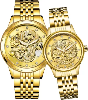 or His Set of 2 Carlien Special 3D Gold Dragon Phoenix Design proudly nevus extent reluctant Luxury Lover Couple Watches Luminous Automatic Watch for Her 