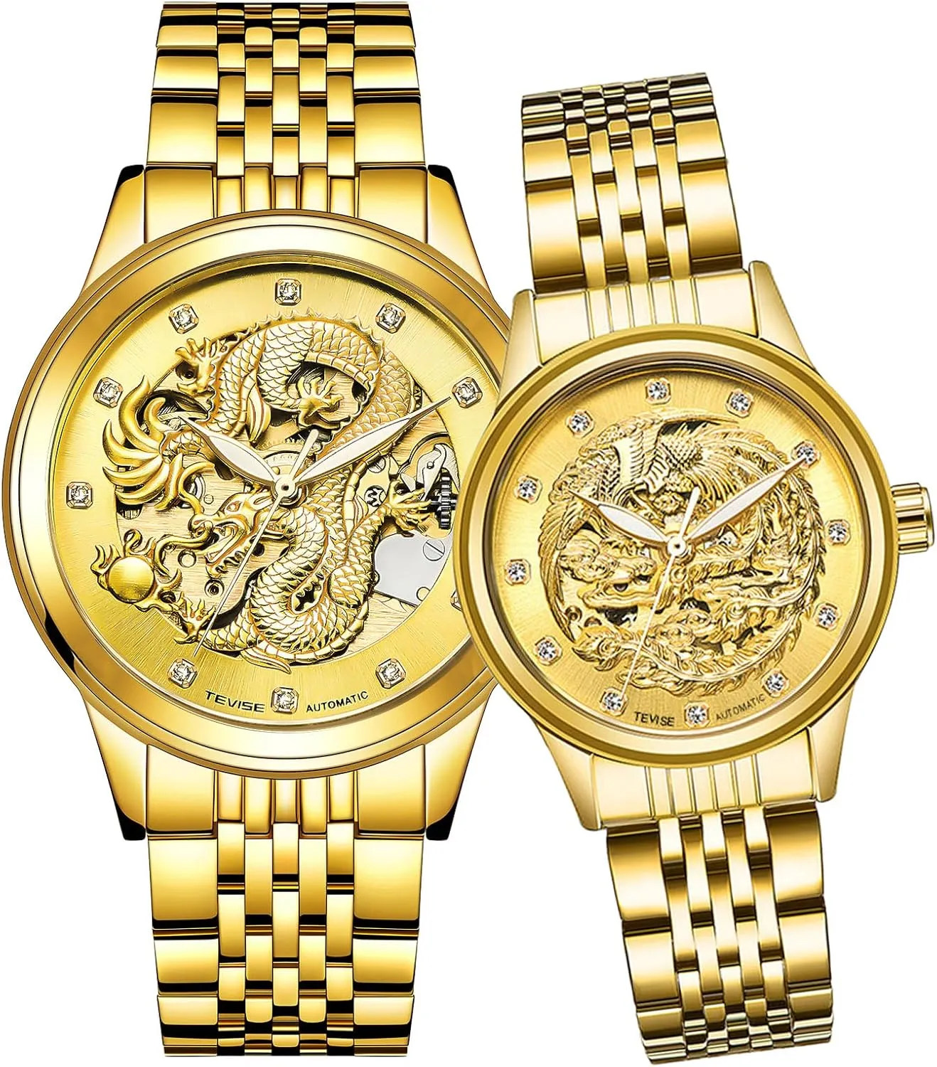 or His Set of 2 Carlien Special 3D Gold Dragon Phoenix Design proudly nevus extent reluctant Luxury Lover Couple Watches Luminous Automatic Watch for Her 