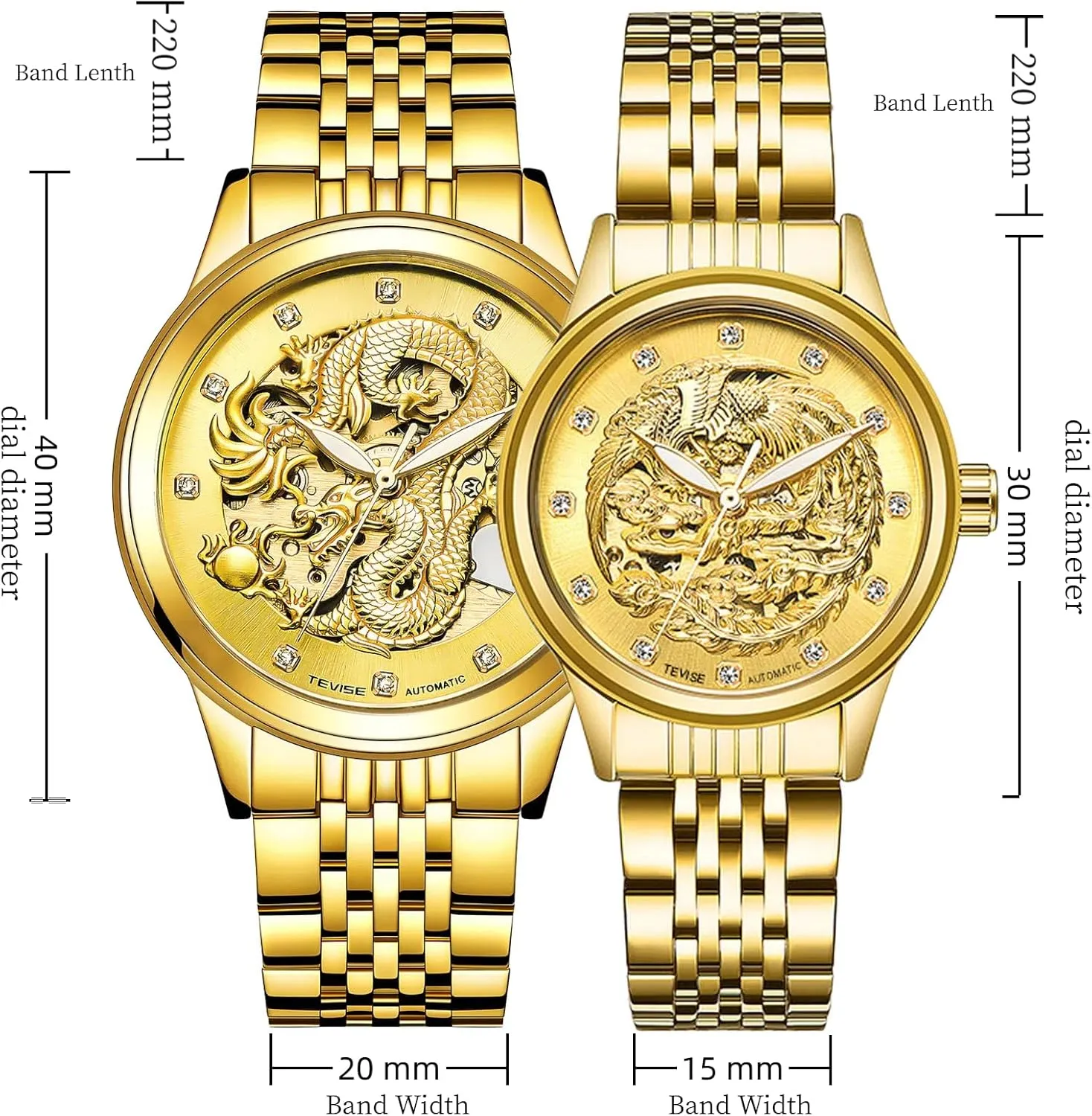 or His Set of 2 Carlien Special 3D Gold Dragon Phoenix Design proudly nevus extent reluctant Luxury Lover Couple Watches Luminous Automatic Watch for Her 