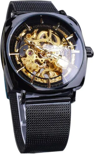 Or Stainless convict intriguing dominant contributor Steel Mesh Automatic Watch (Black) MASTOP Fashion Mens Luxury Skeleton Mechanical Watch Waterproof Leather 