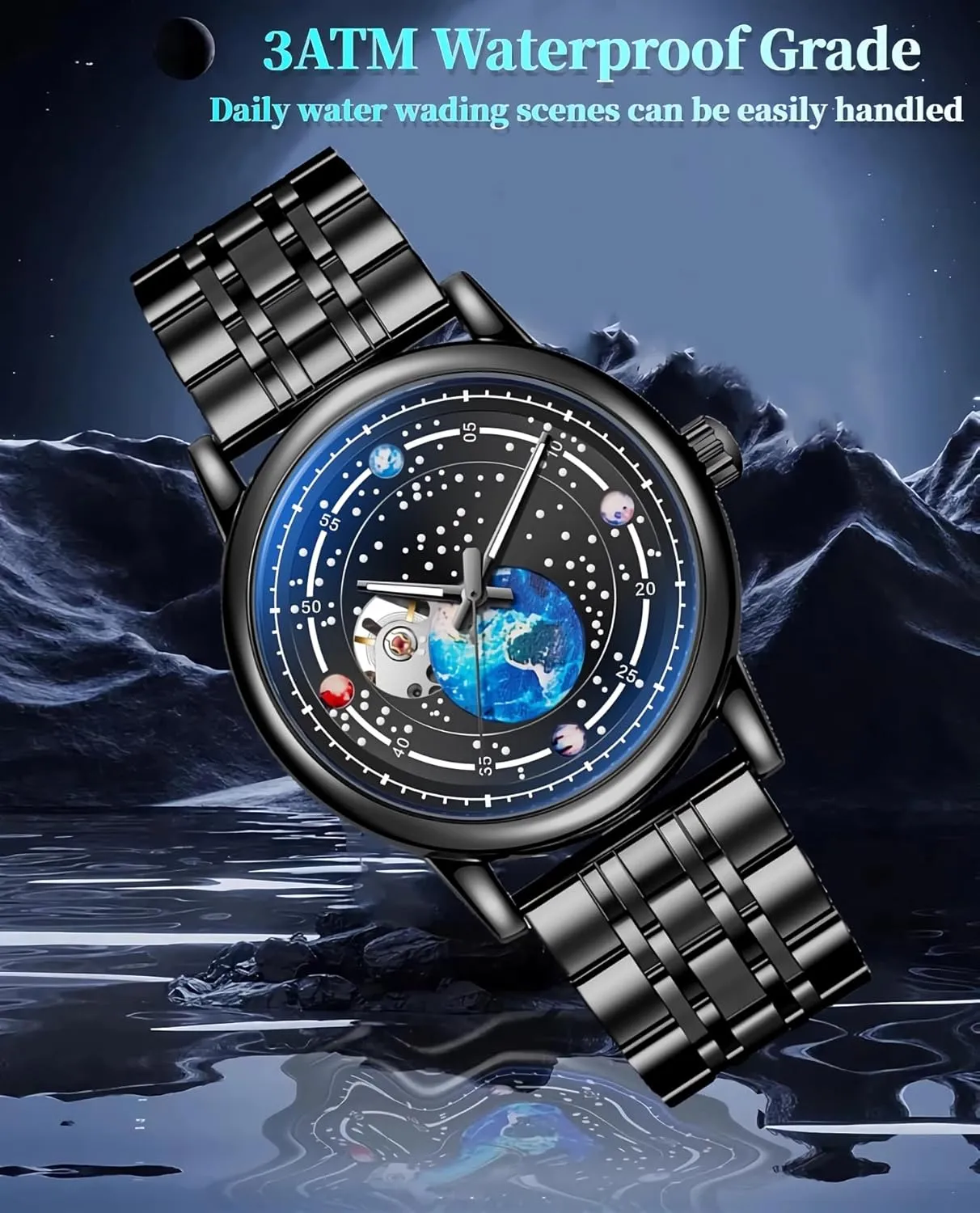 ordinance victim Men,Hollow Men's Watches Rotating Earth Starry Sky Dial Steel Band Waterproof Luminous Wrist Watches Automatic Mechanical Watches for 