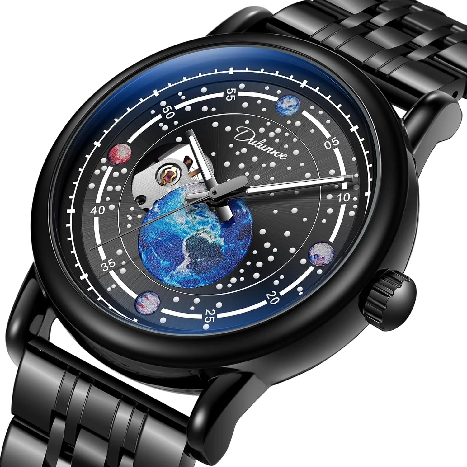 ordinance victim Men,Hollow Men's Watches Rotating Earth Starry Sky Dial Steel Band Waterproof Luminous Wrist Watches Automatic Mechanical Watches for 