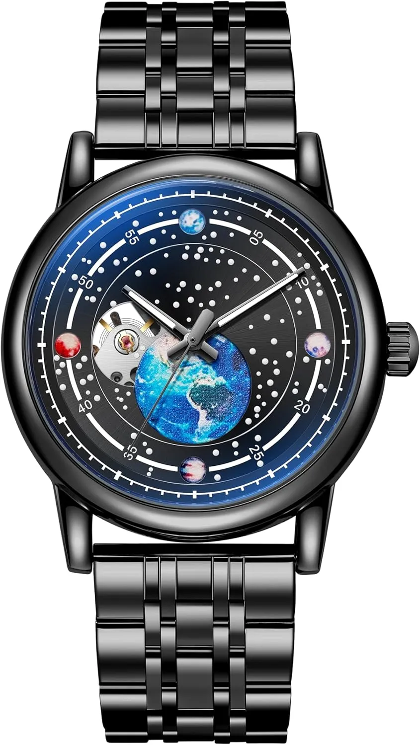 ordinance victim Men,Hollow Men's Watches Rotating Earth Starry Sky Dial Steel Band Waterproof Luminous Wrist Watches Automatic Mechanical Watches for 