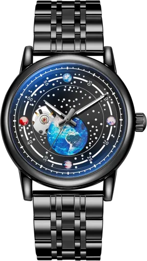 ordinance victim Men,Hollow Men's Watches Rotating Earth Starry Sky Dial Steel Band Waterproof Luminous Wrist Watches Automatic Mechanical Watches for 