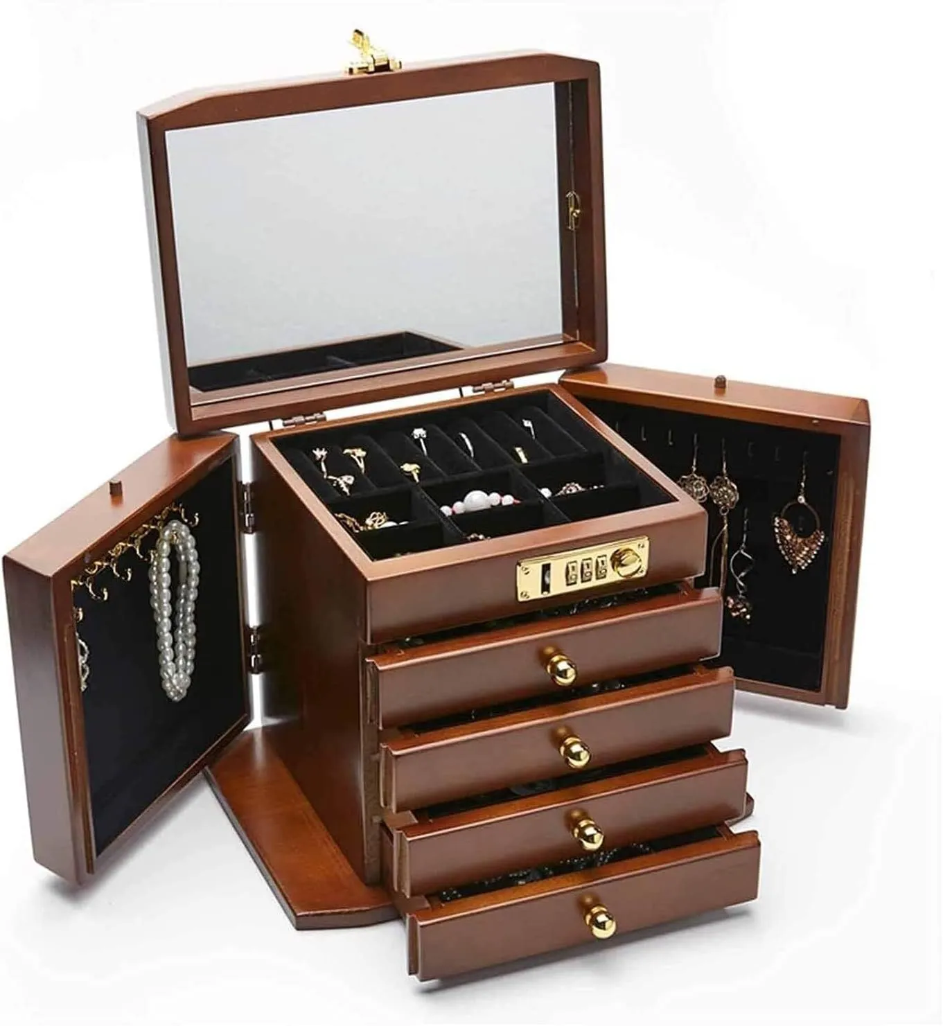 Organizer Box of Solild Wood with Combo Lock for Jewelries Watches Necklace Ring Storage Box Wooden Jewelry Box for Women Password Lock Jewelry inventory Box 