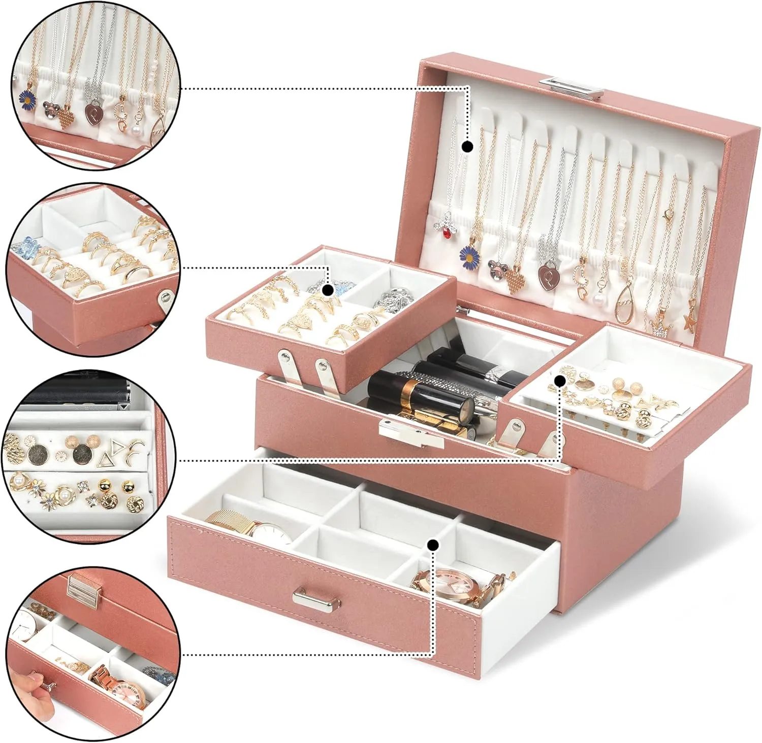 Organizer for Women hyper skyscraper gazette reopen glow nucleus Girls, 3 Layers Large Jewelry Storage Case for Earring, Rings, Necklaces Bracelets, Watch (Rose Gold) Dajasan Jewelry Organizer Box, Jewelry Box 