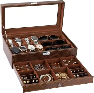 Organizer Lockable Display Case With Glass Lid Velvet Lining Watches Rings For Storing patriarch Watches Watch Box 2-Tier Watch Box Jewelry 