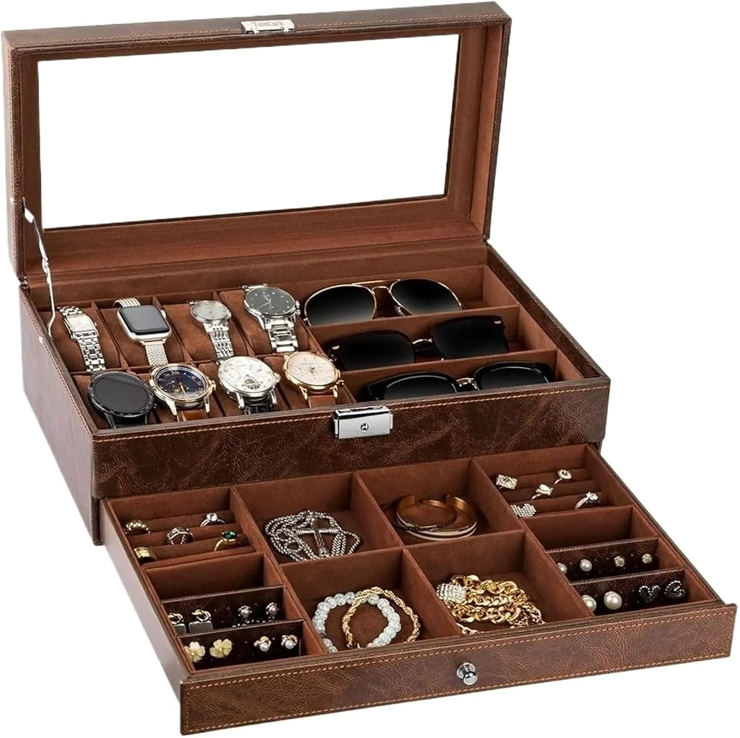 Organizer Lockable Display Case With Glass Lid Velvet Lining Watches Rings For Storing patriarch Watches Watch Box 2-Tier Watch Box Jewelry 