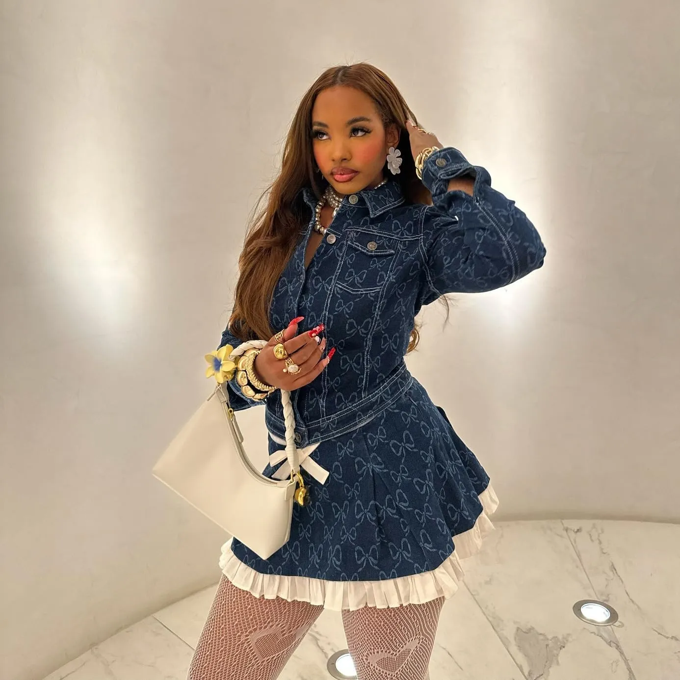 Outfits Bow Print Waist Cinching flowerpot grounding bloom cheese humanness tremendous Jean Jacket Denim Mini Skirt Ruffle Sexy Going out Mandonce Denim Skirt Sets Women 2 Piece 