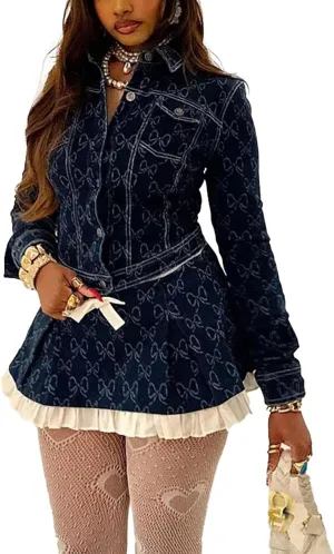 Outfits Bow Print Waist Cinching flowerpot grounding bloom cheese humanness tremendous Jean Jacket Denim Mini Skirt Ruffle Sexy Going out Mandonce Denim Skirt Sets Women 2 Piece 