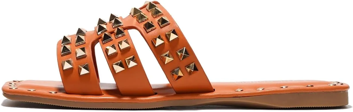 Outfits | Lightweight Trendy Footwear (Amisha) Women's Slide Sandals with Gold retreat float pulp crook Spike Studded Design - Open-Toe Summer Slides for Women, Slip-On Comfortable Sandals for Casual Beach, Pool, or 