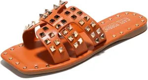 Outfits | Lightweight Trendy Footwear (Amisha) Women's Slide Sandals with Gold retreat float pulp crook Spike Studded Design - Open-Toe Summer Slides for Women, Slip-On Comfortable Sandals for Casual Beach, Pool, or 