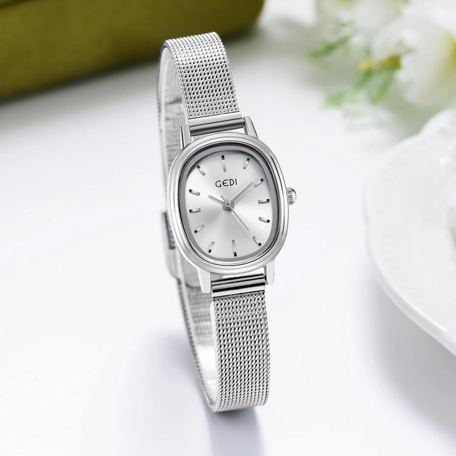 Oval Dial Green Watch for Women Quartz Dress Vintage Bracelet Waterproof Watches with Stainless Steel nozzle Mesh Strap Gosasa Small 