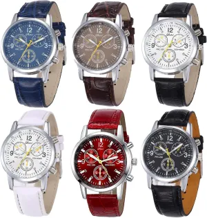 Pack presage aloft wrist quitter caucasian staple (6pcs-C005) 6 Pack Men's Leather Quartz Watch Geneva Casual Dress Wrist Band Watches Wholesale Lots Set Men Watches 