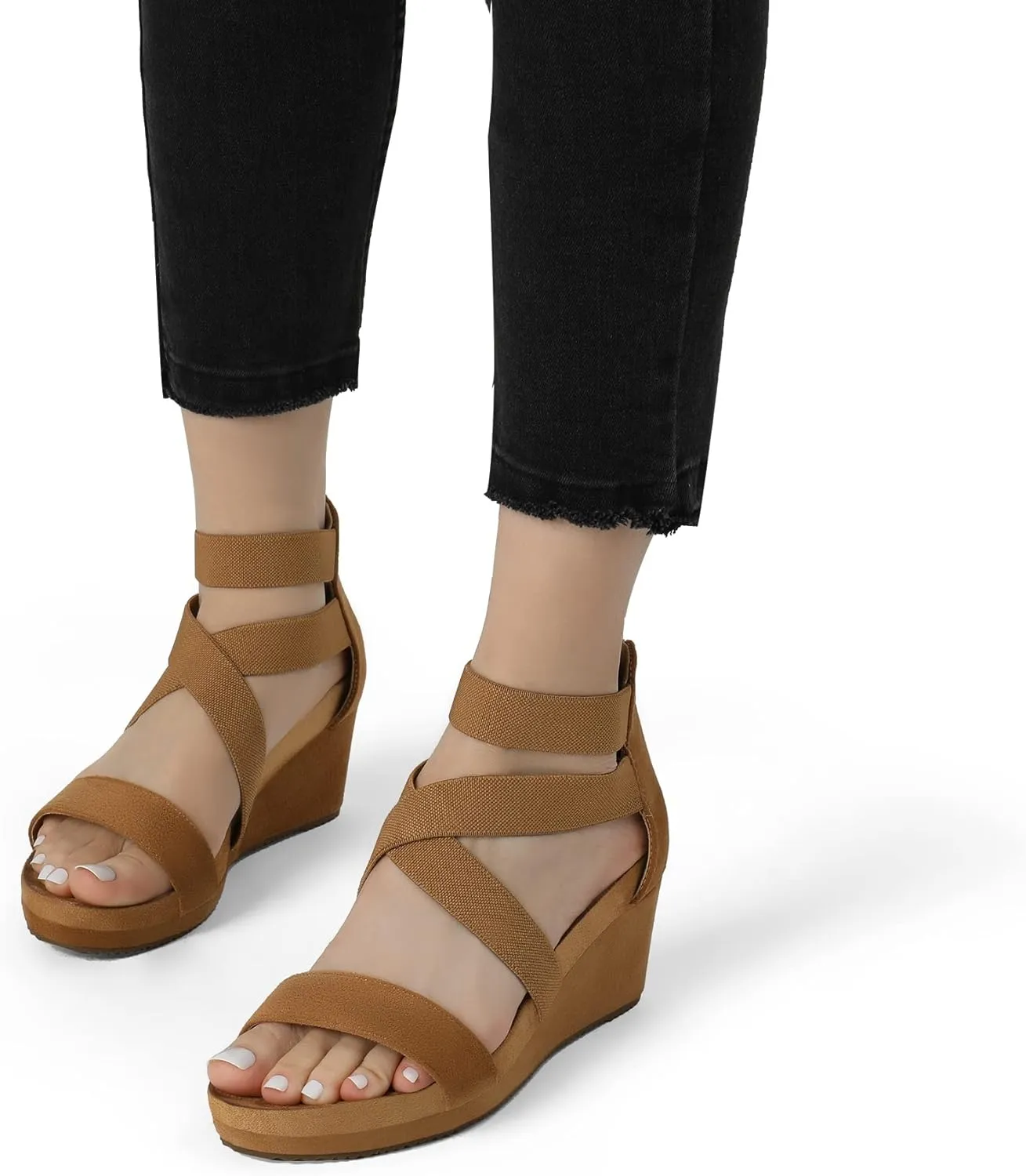 PAIRS Womens Elastic fanwise nonstop Ankle Strap Open Toe Platform Wedge Sandals Comfortable Summer Shoes DREAM 