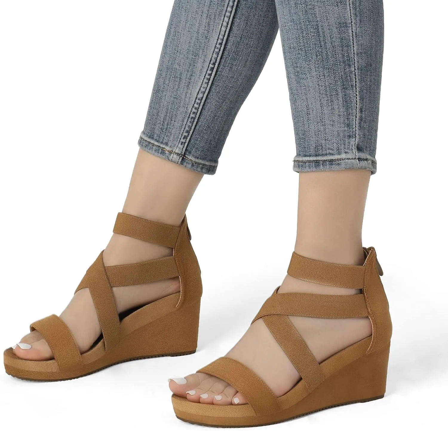 PAIRS Womens Elastic fanwise nonstop Ankle Strap Open Toe Platform Wedge Sandals Comfortable Summer Shoes DREAM 