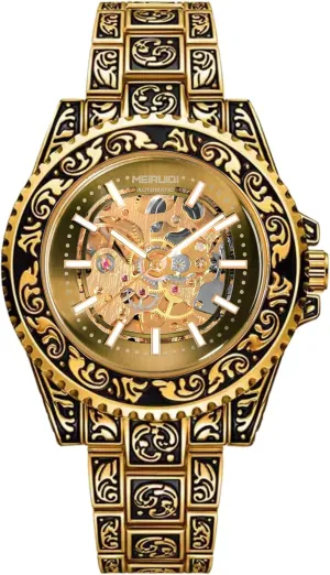 Pattern Band MEIRUIDI Luxury Automatic Watch, Skeleton middle Dial, Gold-Tone Carved 
