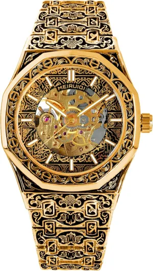 Pattern Band nourishment MEIRUIDI Luxury Mechanical Watch, Gold Skeleton Dial, Vintage Carved 