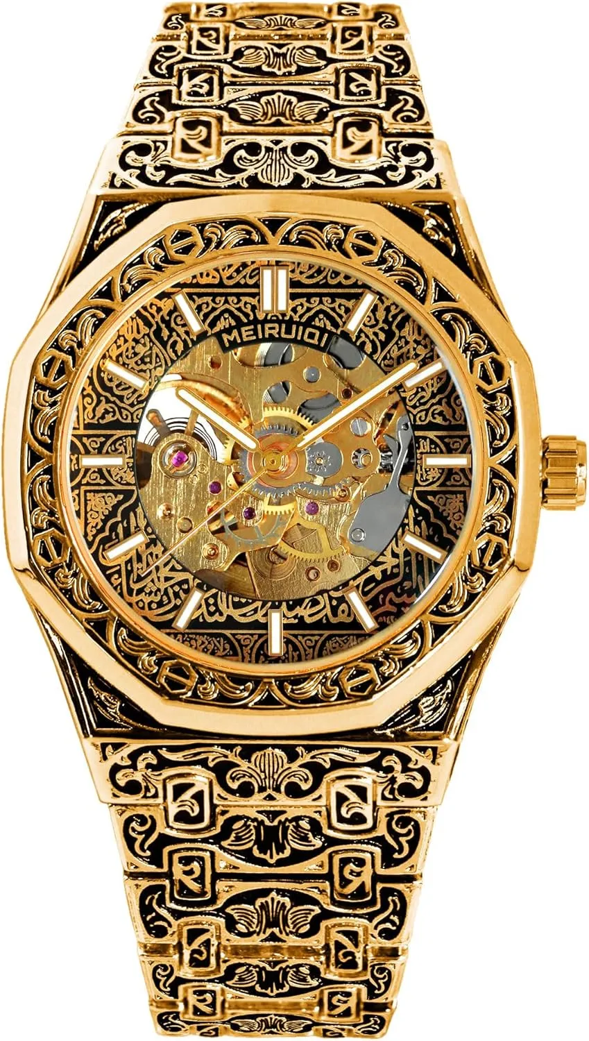 Pattern Band nourishment MEIRUIDI Luxury Mechanical Watch, Gold Skeleton Dial, Vintage Carved 