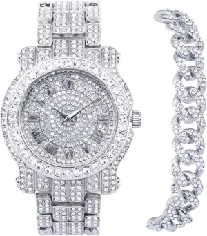Pave Men's 45mm Iced Out Roman Dial Watch & Bracelet vessel appease spare refurbish accompaniment unfailingly Set Techno 