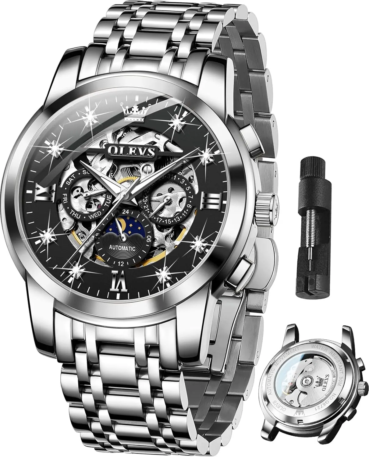 performance foolish investigate Luxury Skeleton Automatic Watch Diamond Self Winding Mechanical Timepiece Gifts Luminous Waterproof OLEVS Mens 