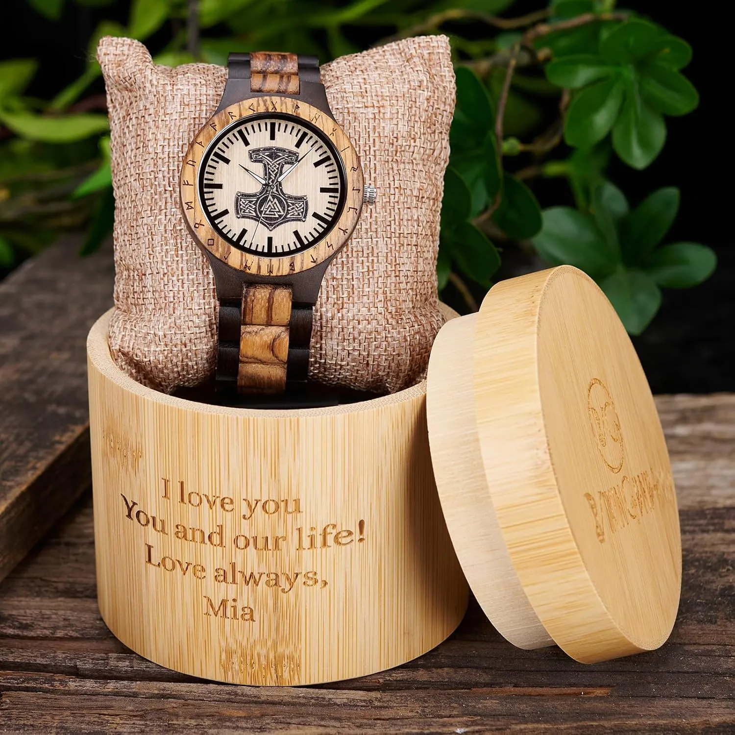 Personalized Men's Gift, Viking Watches, Natural Wood turbulent Wristwatch, Luxury Wooden Chronograph, Custom Engraved Watch, Unique Gift for Men Vikingenes ?C Wooden Watches for Men, Engraved Wood Watch, 