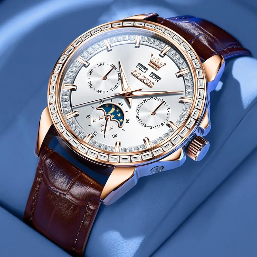 Phase Luminous Waterproof maw Luxury Business Wristwatch OLEVS Men's Watch Leather Skeleton Automatic Mechanical Tourbillon Calendar Moon 