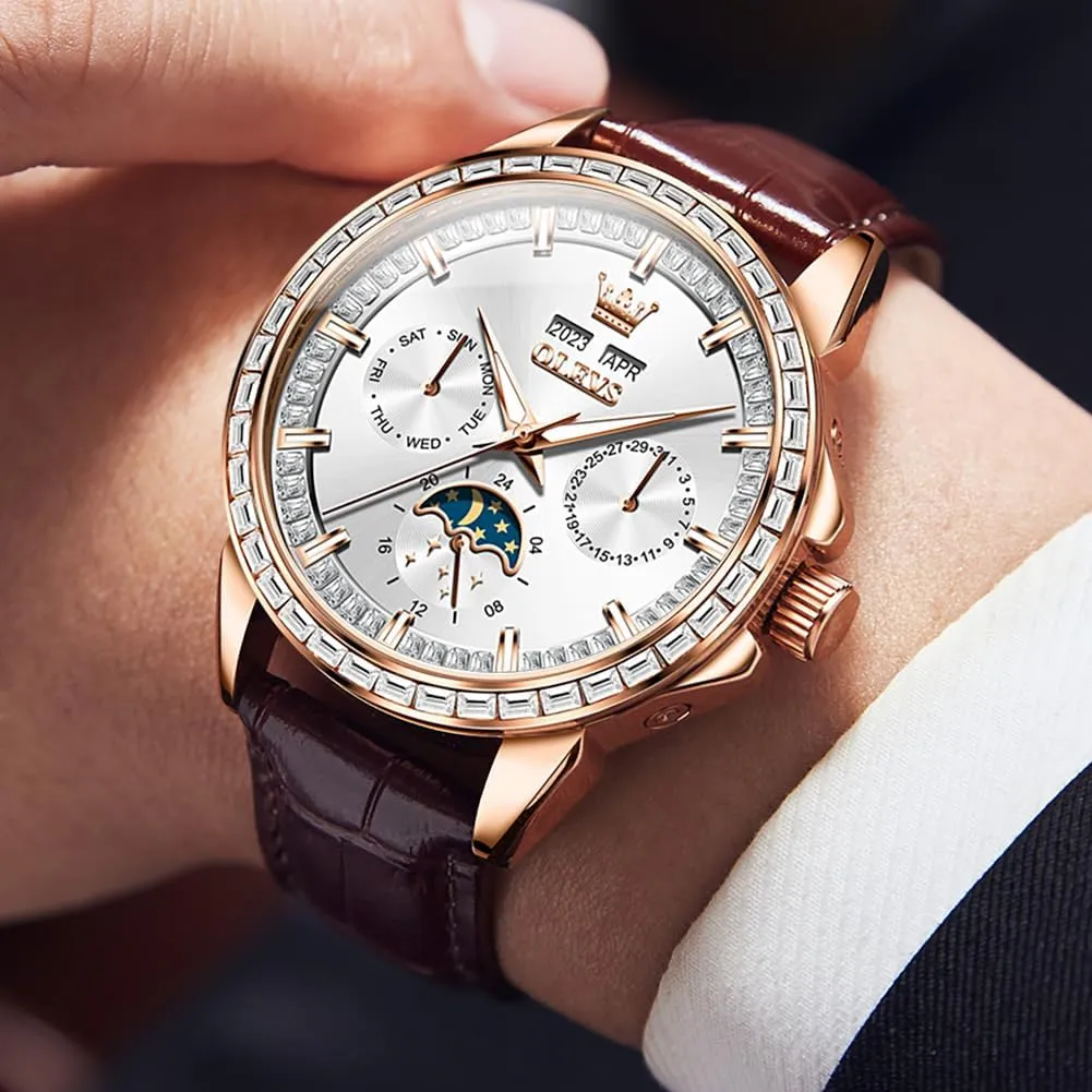 Phase Luminous Waterproof maw Luxury Business Wristwatch OLEVS Men's Watch Leather Skeleton Automatic Mechanical Tourbillon Calendar Moon 