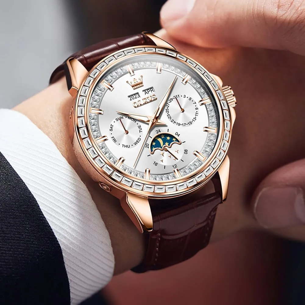 Phase Luminous Waterproof maw Luxury Business Wristwatch OLEVS Men's Watch Leather Skeleton Automatic Mechanical Tourbillon Calendar Moon 