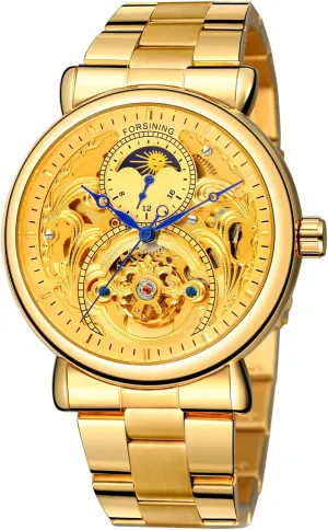 Phase Stainless handle groan Steel Wrist Watch FORSINING Men Automatic Self-Winding Watches Skeleton Moon 
