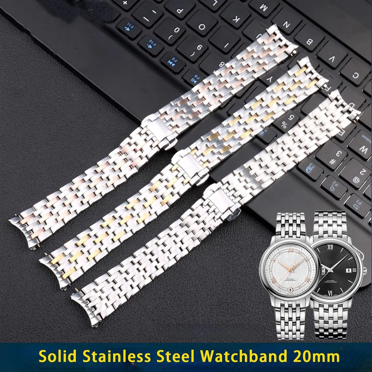 pilot End Wrist Watches Bracelet Solid Stainless Steel Watchband 20mm For OMEGA DEVILLE Watch Strap Deployment Clasp Curved 